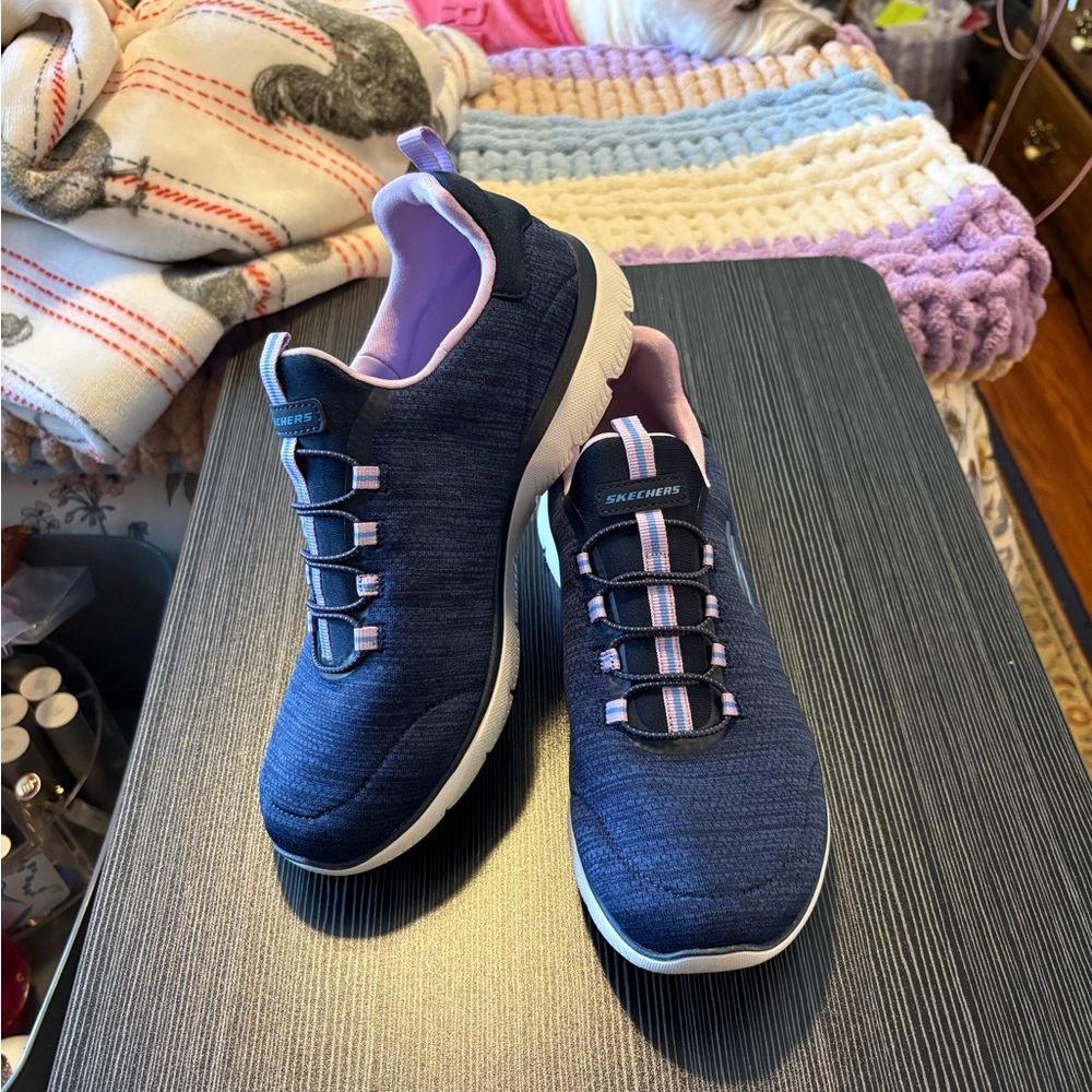Skechers Women's Navy Athletic Slip-On Sneakers with Pink Lining